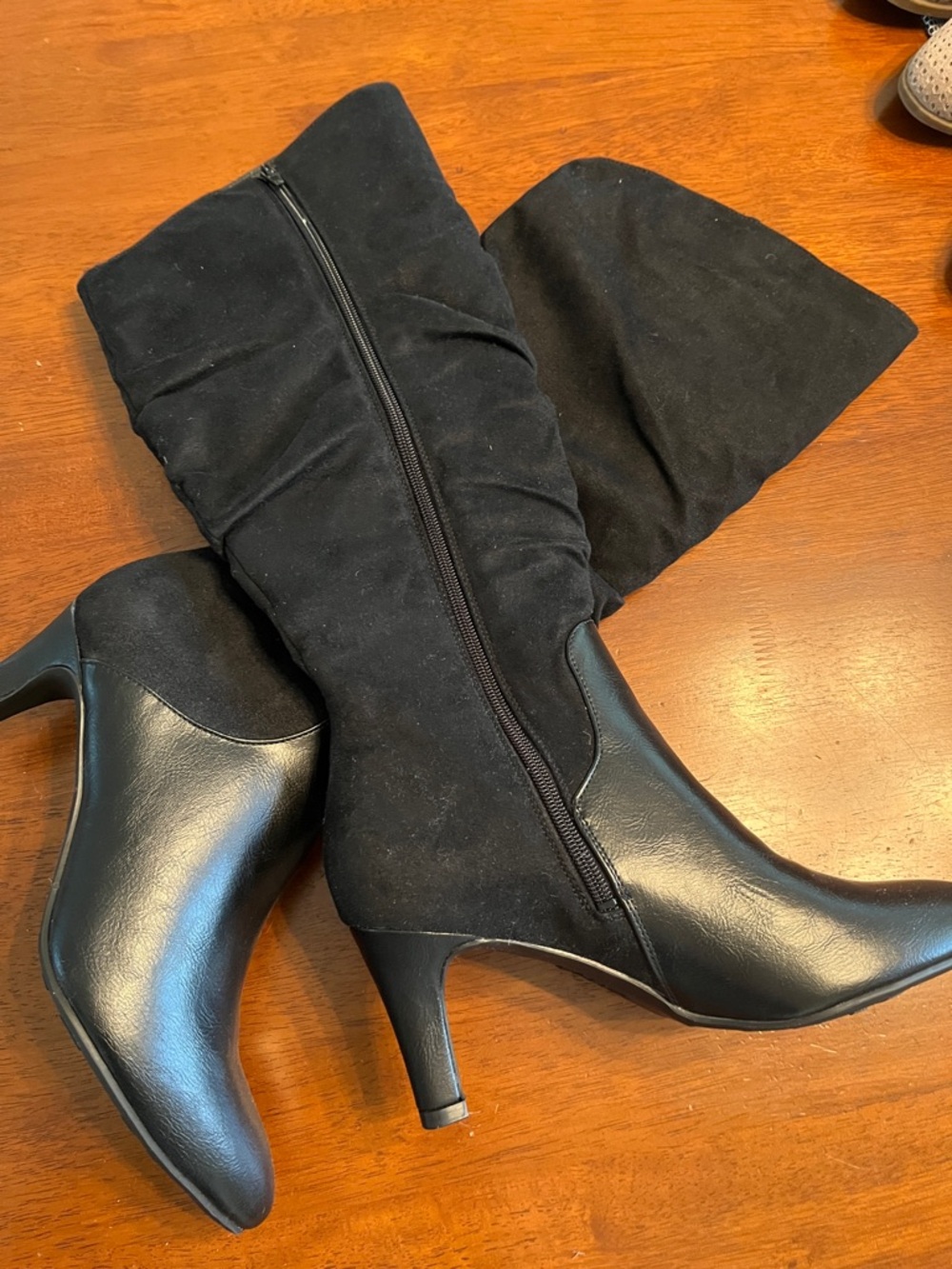 Life Stride Black Faux Leather and Suede tall-calf Heeled Boots NEW